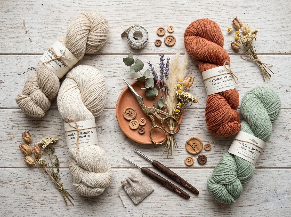 Artisanal yarn skeins, scissors, and wooden hooks flatlay